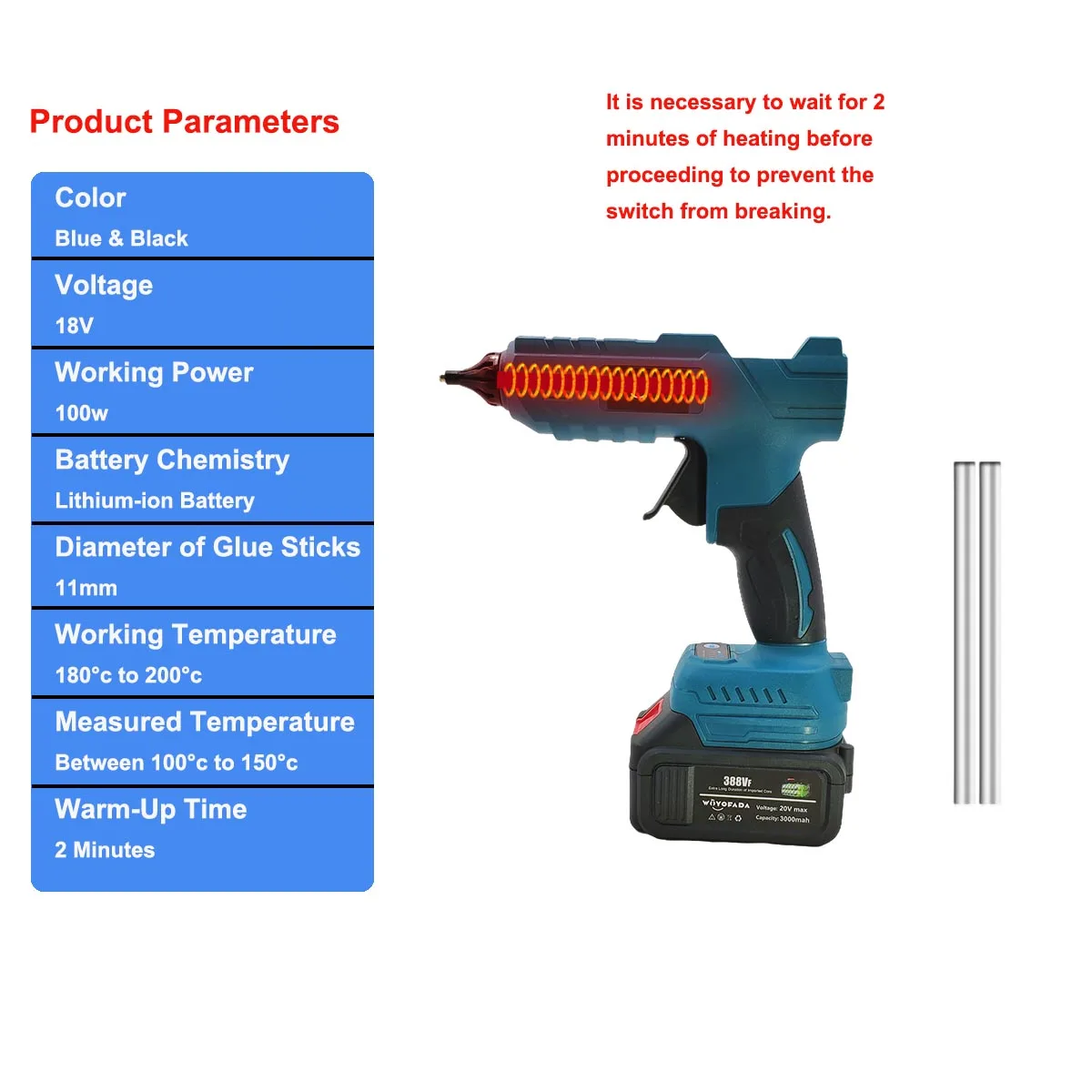 WOYOFADA Electric Hot Melt Glue Gun for Makita 18V Battery Cordless Electric Glue Grab 11mm Glue Stick Hot Melt Welding Air Gun 2