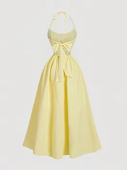 Yellow Halter Neck Backless Dress with Bowknot Waist Tie, A-Line Midi 1