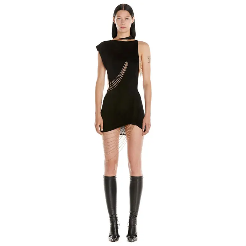 

New Arrival Black Color Women Sleeveless Sexy O-Neck Bodycon Mini Bandage Dress Tassel Fashion Elegant Evening Party Dress