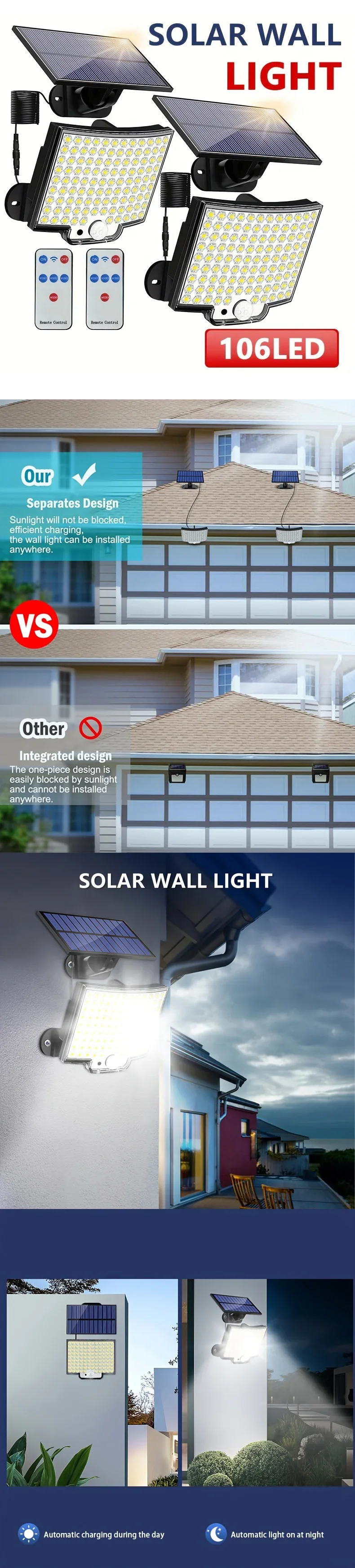 Description Picture 2 of item1-3 Pcs 106LED Solar Light Outdoor Motion Sensor Flood Lights Remote Control Waterproof Super Bright Wall Lamp Courtyard Path