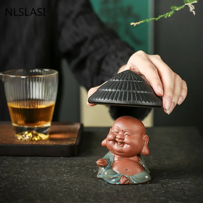 Tea Pet Ornaments Creativity Purple Clay Tea Pet with Tea Strainer Monk Buddha Figurine Ornaments Handmade Crafts Set Decoration Accessories