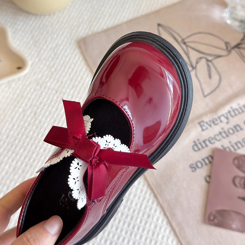 Girl's Leather Shoes Ruffles Ribbon Chunky Elegant Hook-loop Kids Mary Janes Spring Morden Black Wine Red Daily Children Shoe