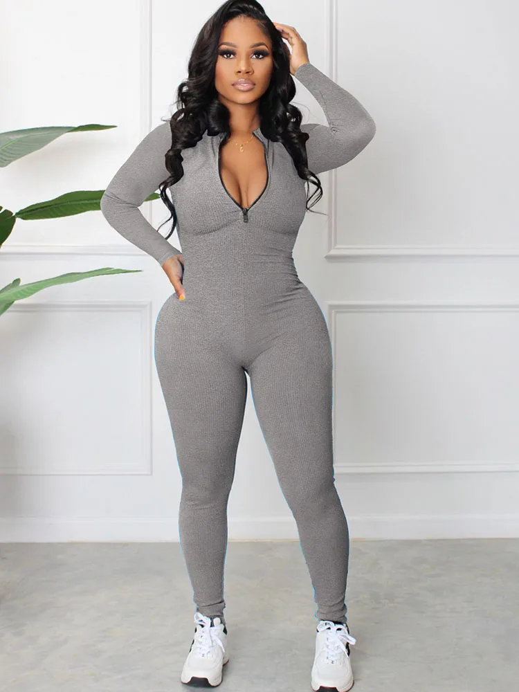 Solid Knit Ribbed Sporty Jumpsuit Women Zipper V-neck Long Sleeve Bodycon Rompers Casual Fitness Tracksuit Outfits Jogging Femme men s rompers animal crane fun streetwear full body custom jumpsuit oversized women clothes zipper tracksuit dropship wholesale