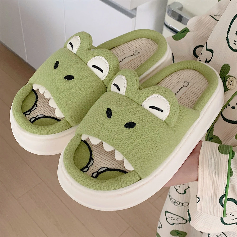 

Slippers for Women Linen Cotton Home Shoes Thick Soft Lovely Cartoon Dinosaur Non-slip Outdoors Breathable Cozy for female a179