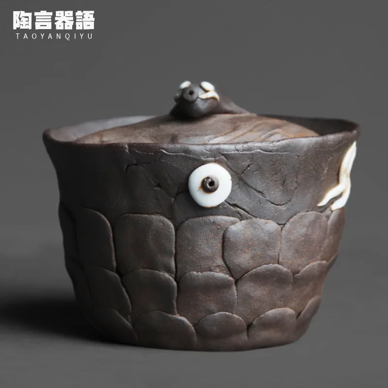 

Rock mineral pottery hand carved carp tea cover bowl personality Chinese Zen wide mouth tea brewing bowl drinking tea bowl
