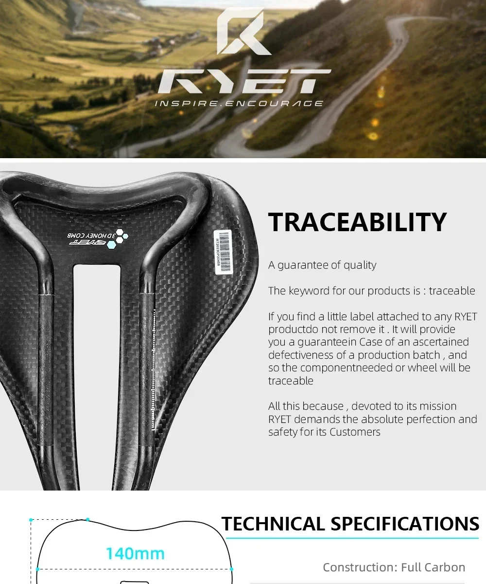 RYET Carbon-Fahrradsattel, 135 g, 240 x 145 mm, 3D-gedruckt/EVA-gepolstert, für Rennrad, MTB, Kies, Radfahren, Komfort, Performance-Sitz – Detail 3
