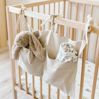 Borsa portaoggetti da appendere al comodino del bambino Borse organizer in lino a 2 tasche