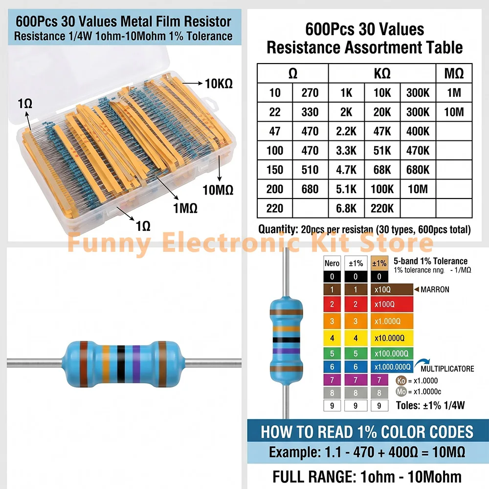 600 Pcs Assorted Metal Film Resistor Kit 30 Values 1/4W Resistance 1ohm-10Mohm 1% Tolerance for Electronics Projects 2