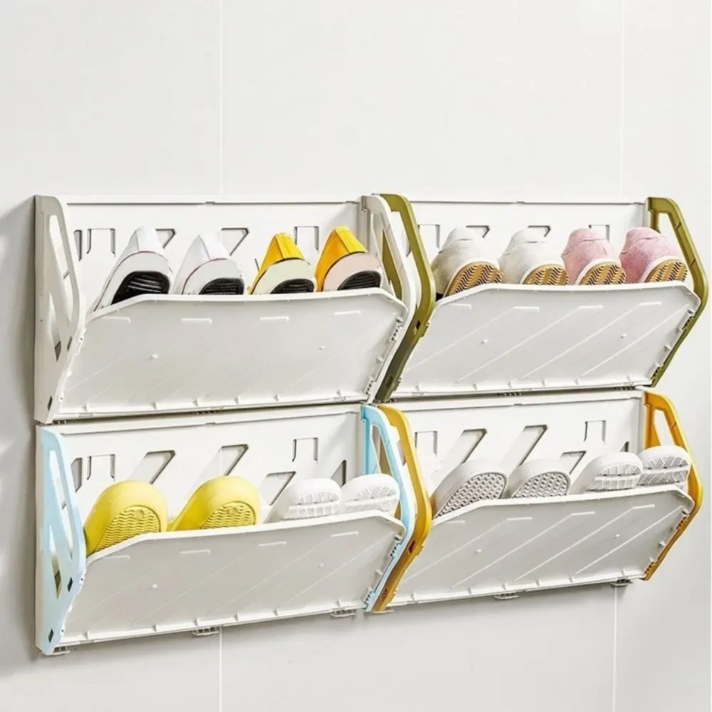 Plastic Folding Shoe Rack Large Capacity No Punching Wall-Mounted Shoe Rack Space Saving Hidden Storage Shelf