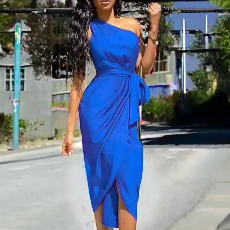 

Trendy Fashion Women's Wear 2023 Summer New Elegant One-Shoulder Tied Slim Fit Irregular Dress
