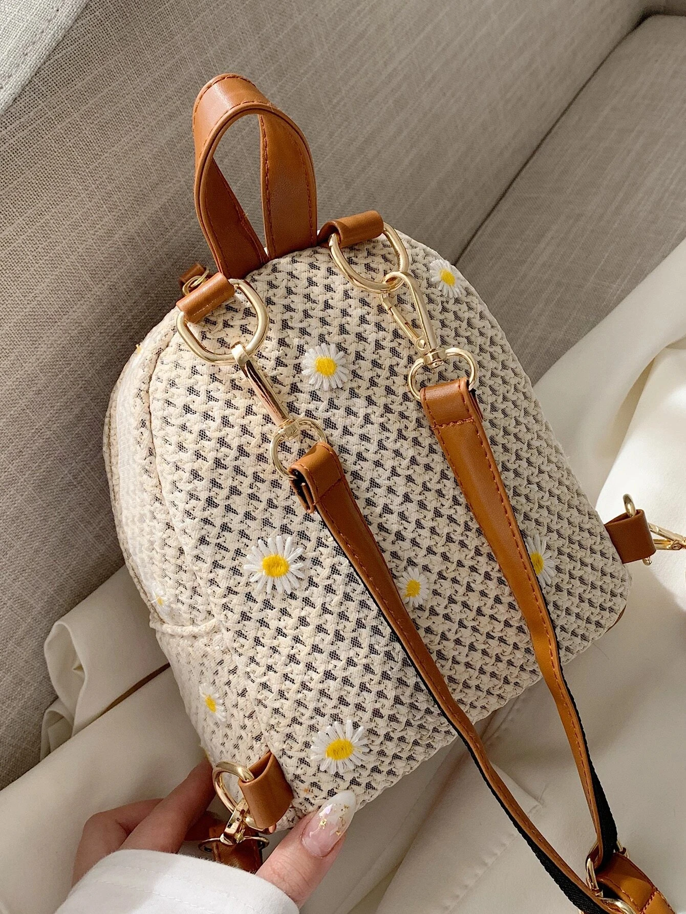 Mini Floral Embroidered Straw Bag Perfect For Summer Beach Travel Vacation Fashionable Student Straw Small Backpack