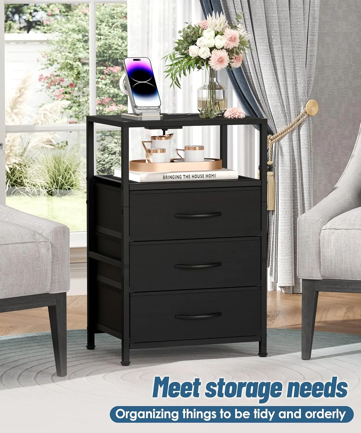 Modern LED Nightstand with Charging Station, Fabric Drawers, and Open Shelf for Bedroom in Black