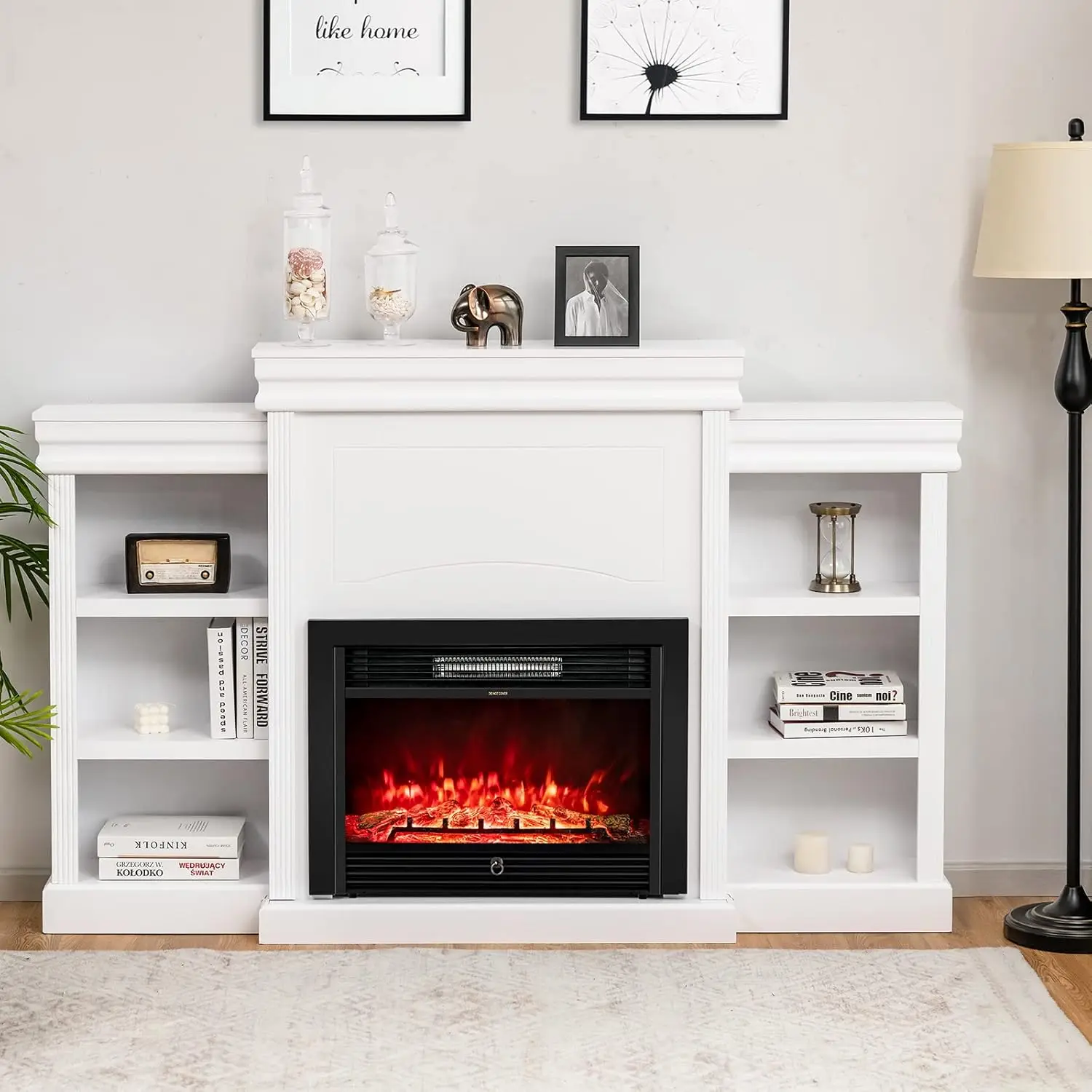 70 Inches Mantel Fireplace, 750W/1500W Electric Fireplace w/Mantel & Built-in Bookshelves,1-8H Timer 3