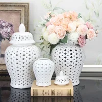White Hollow General Jar Ceramic Ginger Vase with Lid Porcelain Handicraft Ornaments Home Decoration Vintage Bottle 1