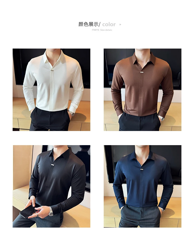 High Elastic V-neck Non-marking POLO Shirt 2024 Autumn New Long sleeved Casual Business Solid Color T-shirt Men's Clothing