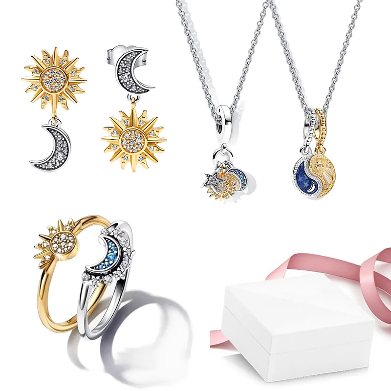 

Sun And Moon Ring Necklace Earrings Jewelry Sets For Women Zircon Fine Gift Box Original Fashion Silver Certified Free Shipping