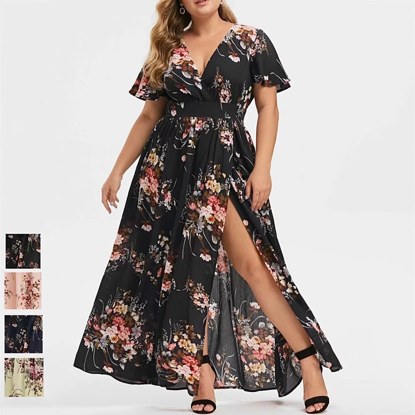 

V-Neck Chiffon Short Sleeves Dress For Women Plus Size Casual Floral Printed Bottom Split Loose Elegant Vacation Clothing L-5XL