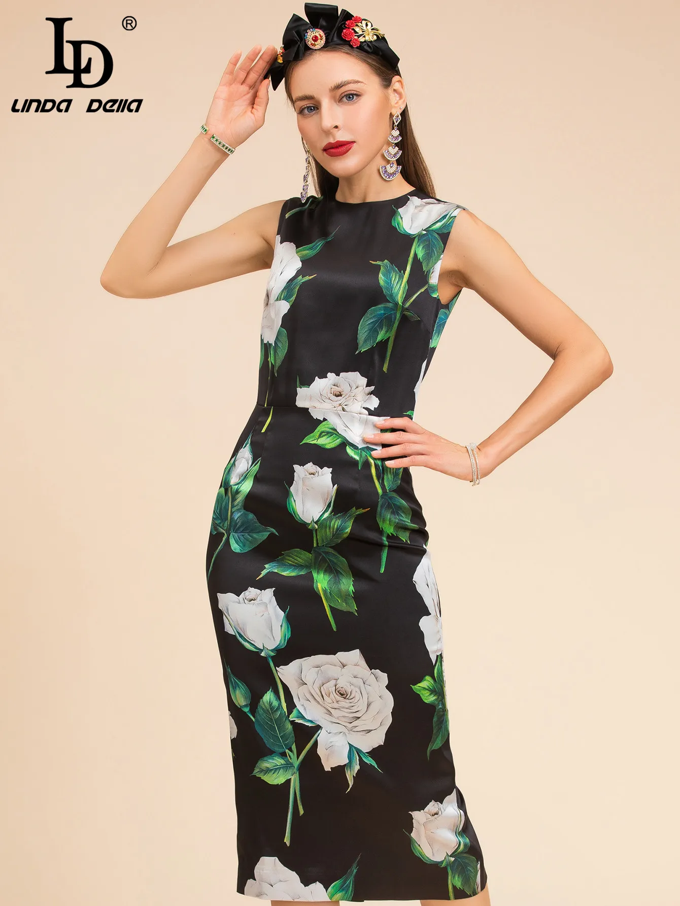 

LD LINDA DELLA Fashion Runway Summer Balck Silk Dress Women's Sleeveless Vintage White Rose Floral Print Elegant Party Dress
