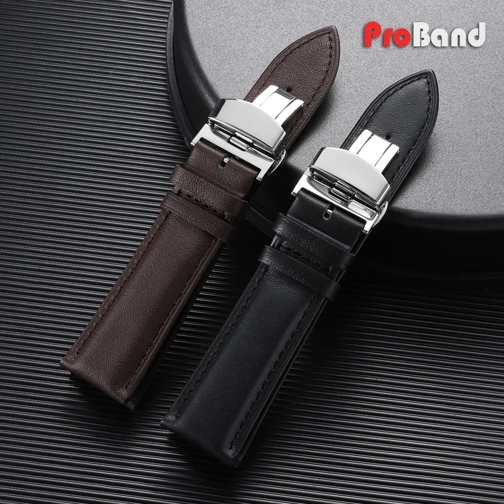 Elegant Leather Watch Band with Gold Butterfly Buckle - Soft Black & Brown Wristbelt