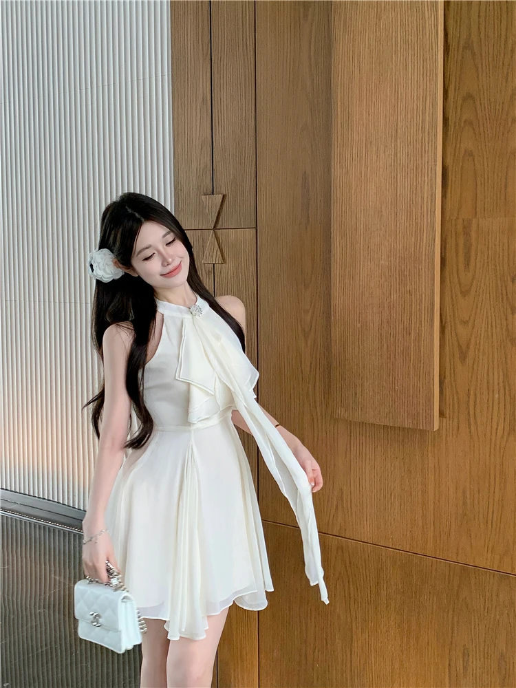 Elegant Halter Ruffles Short Dresses for Women Diamond Sleeveless A-line Sexy Evening Party Dress Prom Korean Chic Vestido Mujer