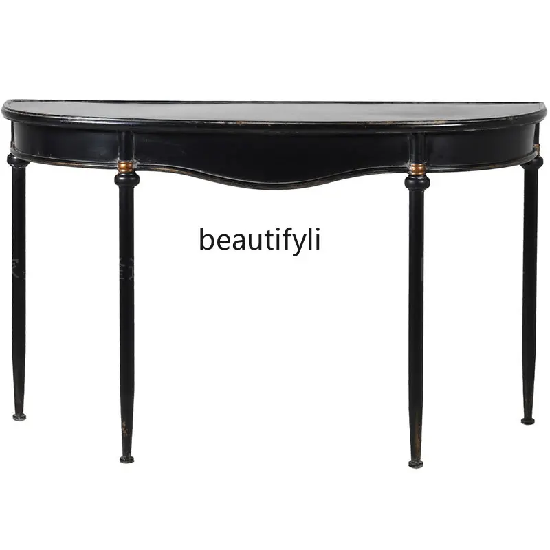 

yj American Country Solid Wood Semicircle Home Console Tables French Retro Distressed Side Table a Long Narrow Table Altar Sets