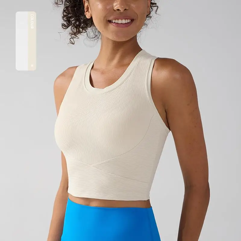 Womens High Elastic Ribbed Racerback Sports Bra High Impact Shockproof Anti-Sag Fixed Cup Slim Fit Quick Dry for Running Yoga