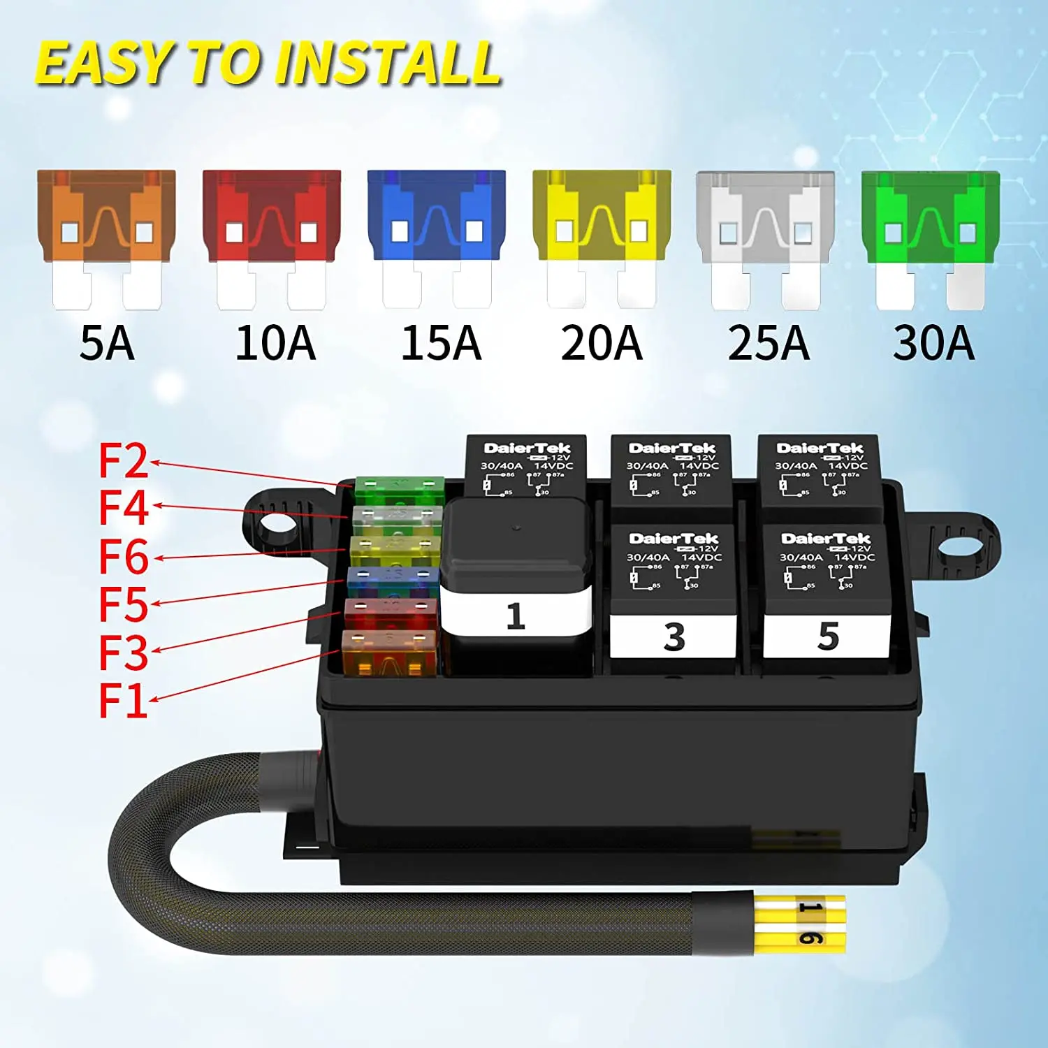 12V Fuse and Relay Box Holder 6 Slots Automotive Universal Relay Box 4 Pin 12V 40A and Wiring Harness For Car Automotive