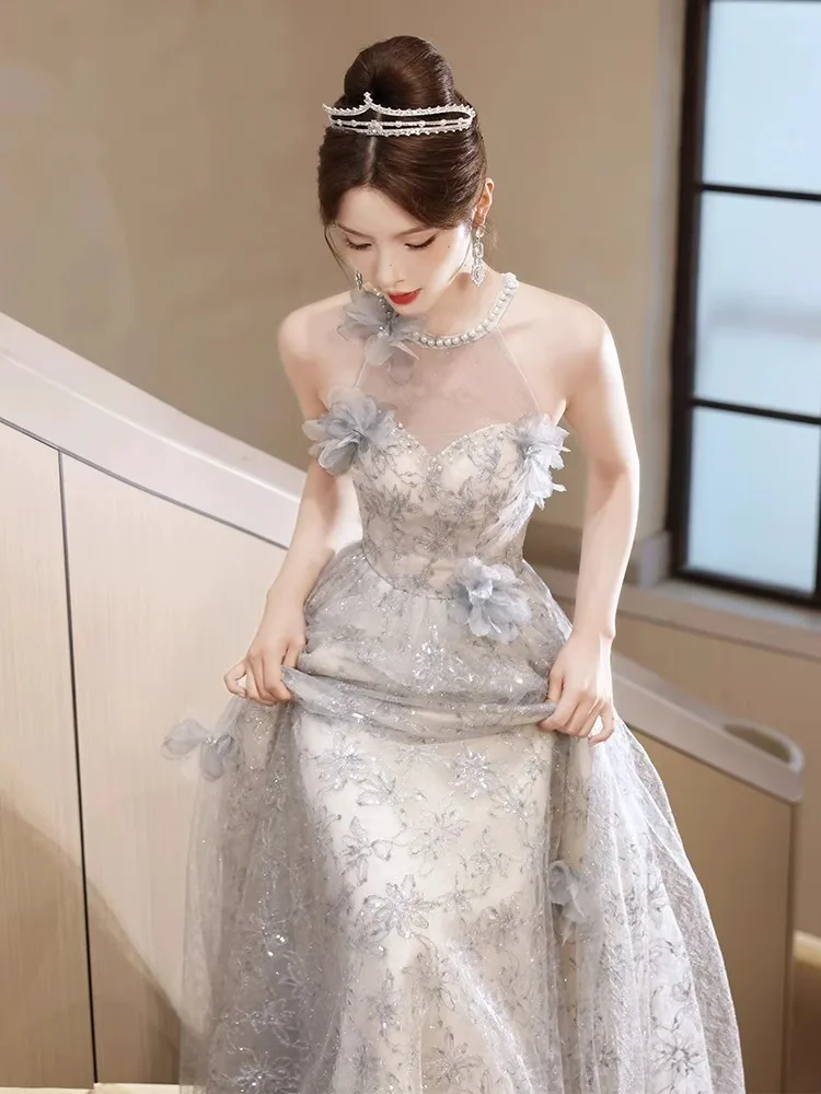 

Luxury 3D Decorating Flowers Prom Dresses Women's Hanging Neck Collar Beading Tulle Waist A-line Floor-Length Evening Party Gown