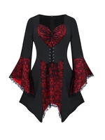 Women Plus Size  T shirt Gothic Punk Lace Bandage Sexy V-Neck Flare Sleeve Lace Patchwork Irregular Hem Corset Tee Tops Spring