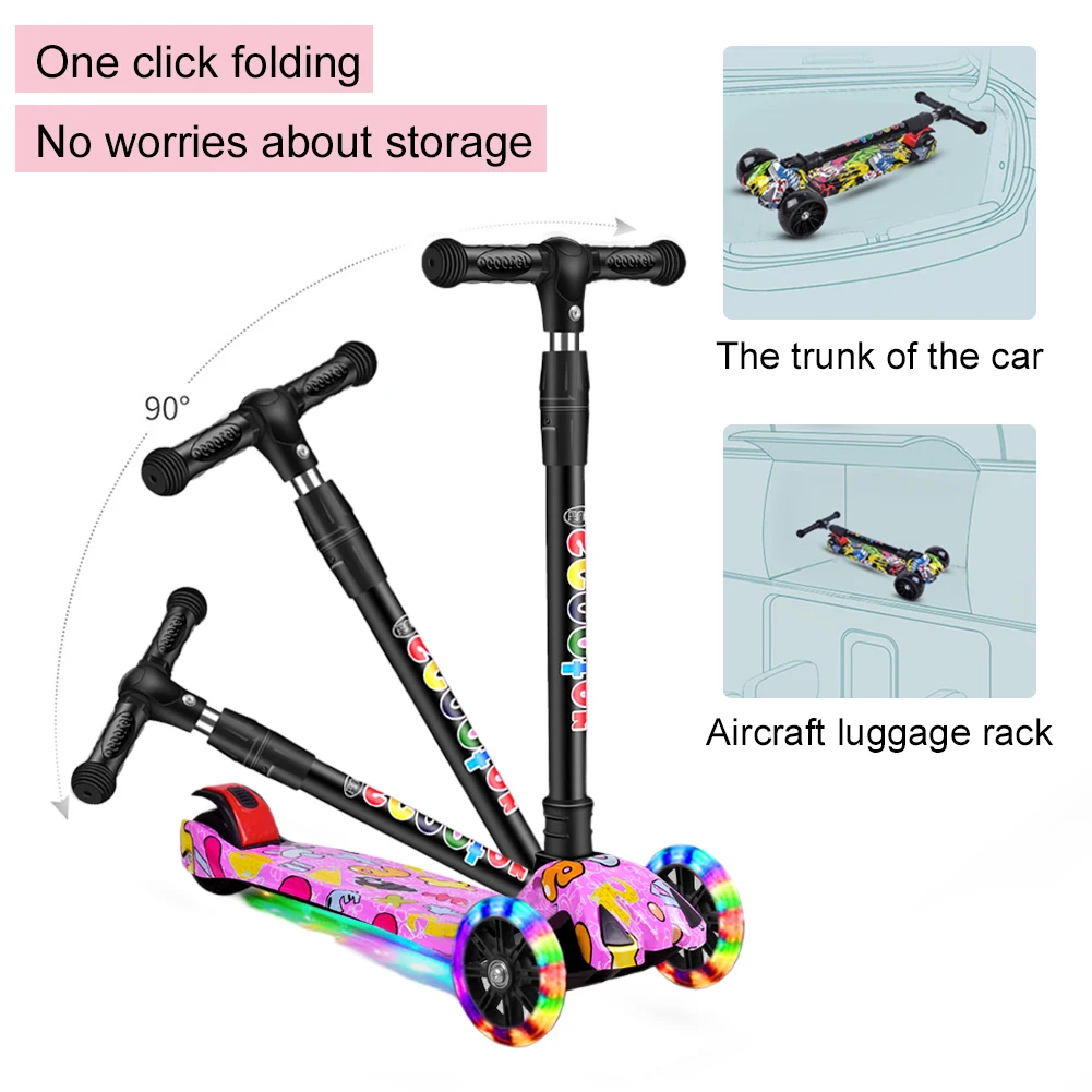 Foldable Kick Scooter Adjustable Height Kids Scooter Lean To Steer 3 Wheel Non-Slip Deck for Children Ages 2-10