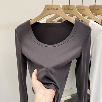 2025 كم طويل مضلع مطاطا تيز الخريف الشتاء مكتب سيدة الأساسية س الرقبة سليم تي شيرت المرأة الصلبة متعددة الاتجاه رداء علوي غير رسمي