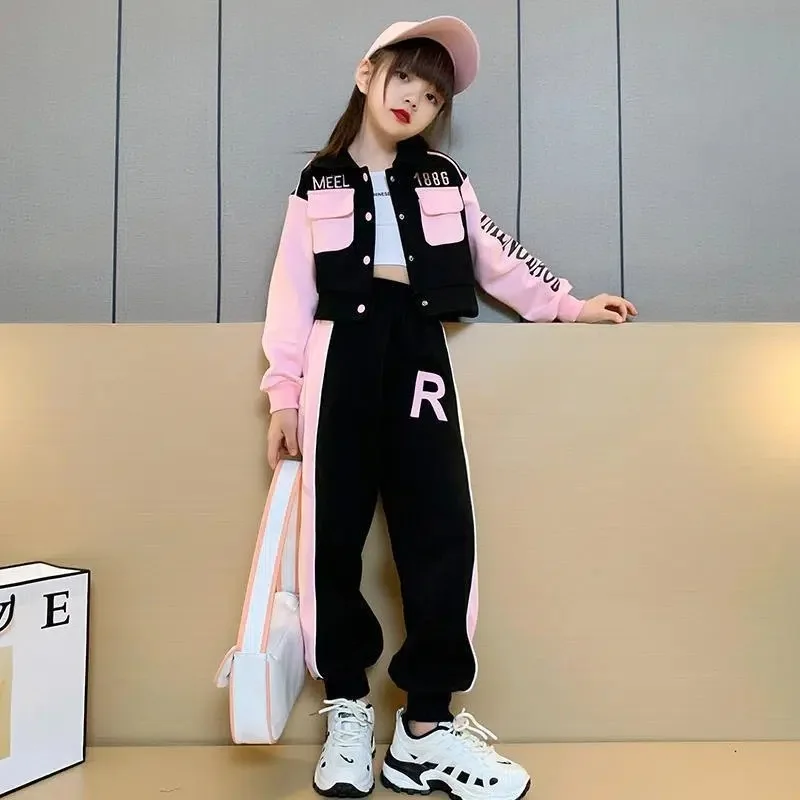 

Autumn Girls Suit Children's Clothes Short Jacket+Pants 2Pcs Casual Kids Sets Teen Long-sleeved Letter Color Splicing Tracksuit