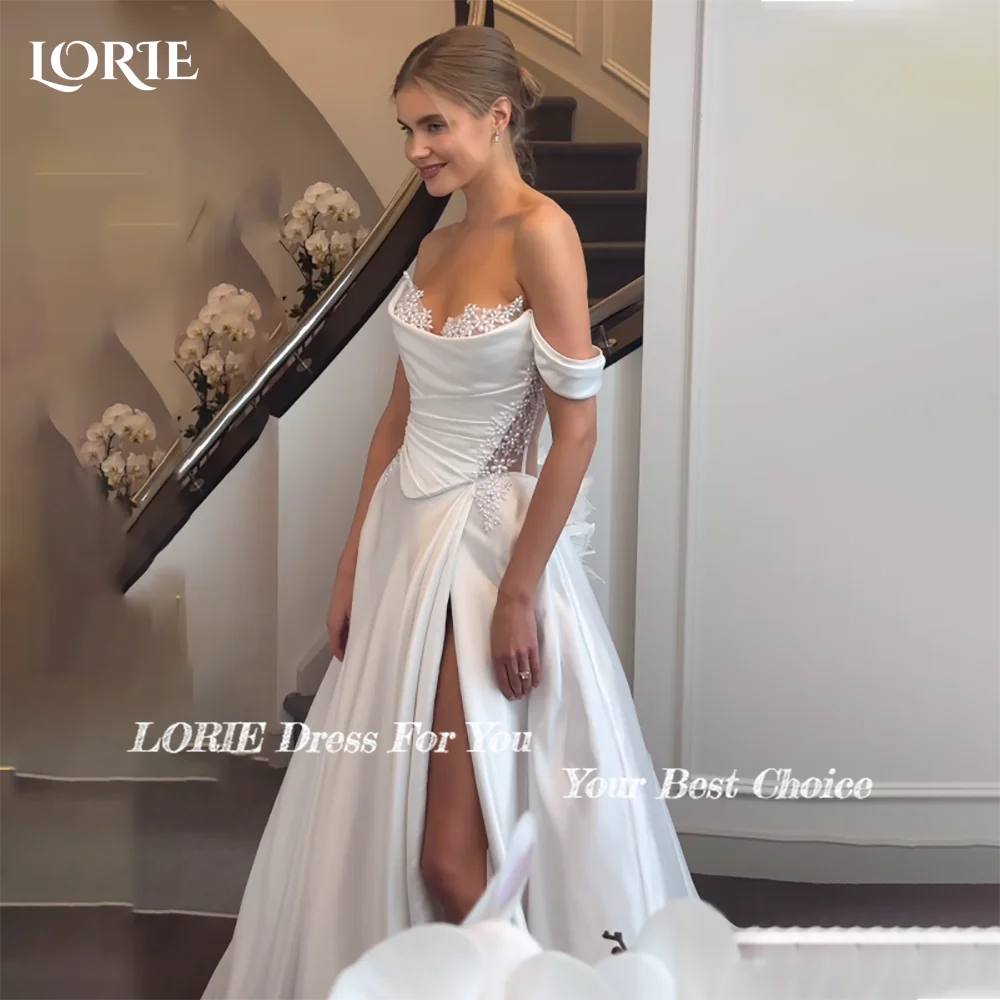 High Slit Wedding Dress Backless Off-Shoulder Boat Neck Bridal dress Long Ruched lace A-line Bride Wedding Dresses