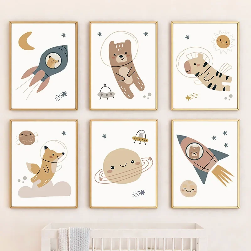 Space Animal Fox Bear Zebra Rocket Ship Earth Wall Art Canvas Painting Nordic Poster E Stampe Immagini A Parete Kids Room Decor