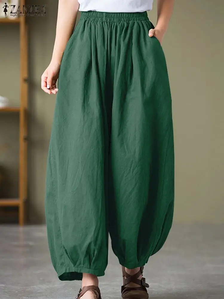 

2024 ZANZEA Women Summer Pants Long Pants Elastic Waist Oversized Cotton Long Trousers Baggy Solid Pocket OL Work Pantalon