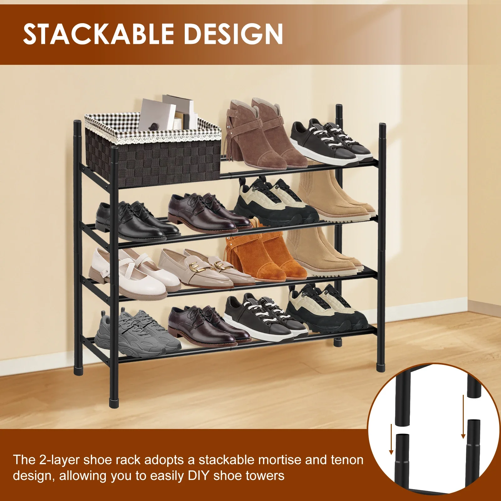 Expandable Shoe Rack 2 Tier Adjustable Shoe Storage Shelf Metal Storage Organizer Stackable Stand Rack Entryway