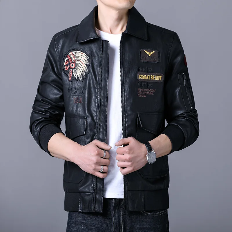 Fashion Autumn and Winter New Embroidered  Leather Coat Edition Flip Collar Air Force PU Motorcycle Leather Jacket Men