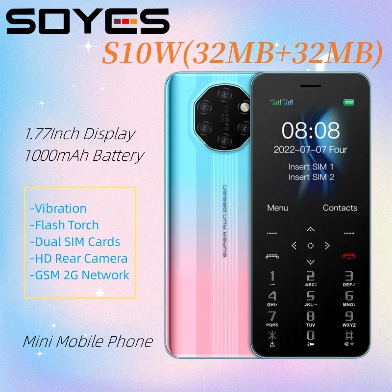 SOYES S10W Mini Mobile Phone GSM 2G Network Dual SIM Cards 1.77" Display 1000mAh Rear Camera Vibration MP3 FM Student Card Cell