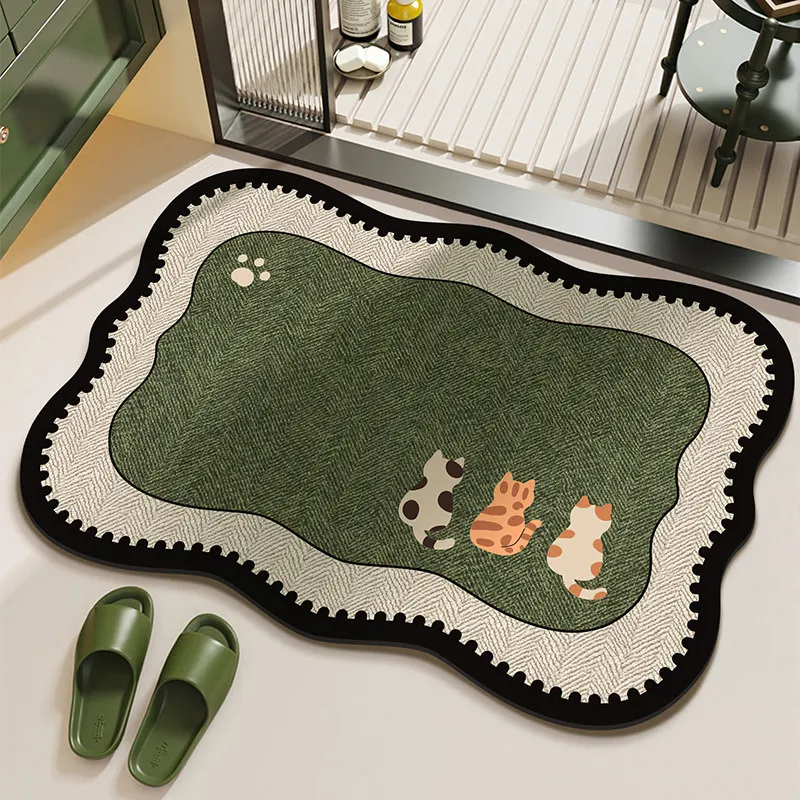 White marble-patterned bathroom mat with wavy edges, placed on tiled floor.