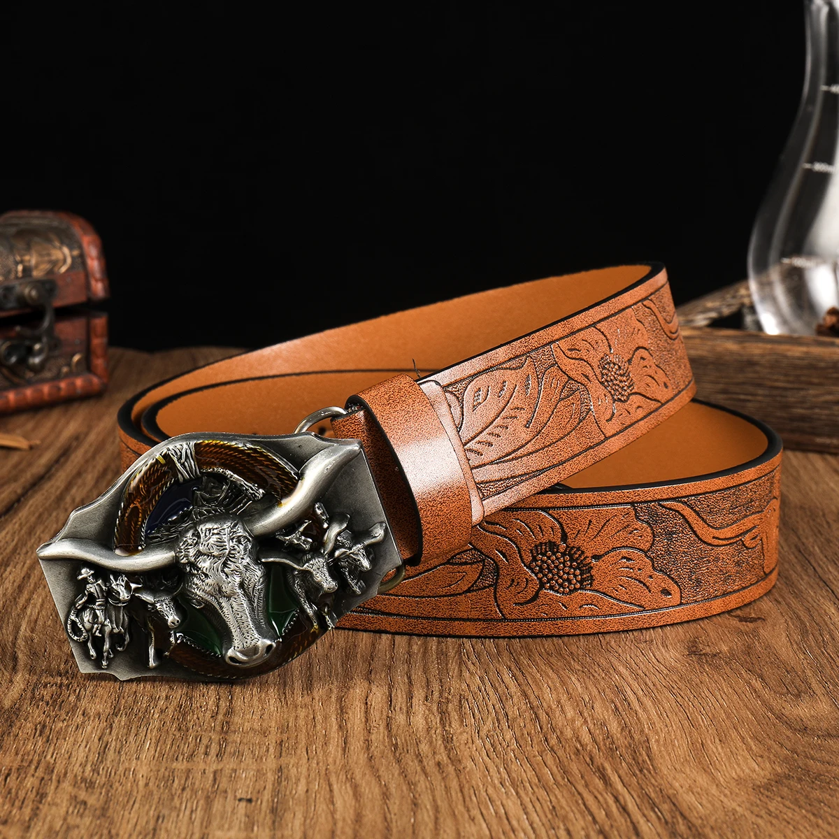 Black Head Big bull head 3.7cm wide men's and women's Western bull head denim style bull scalprendy belt smooth buckle