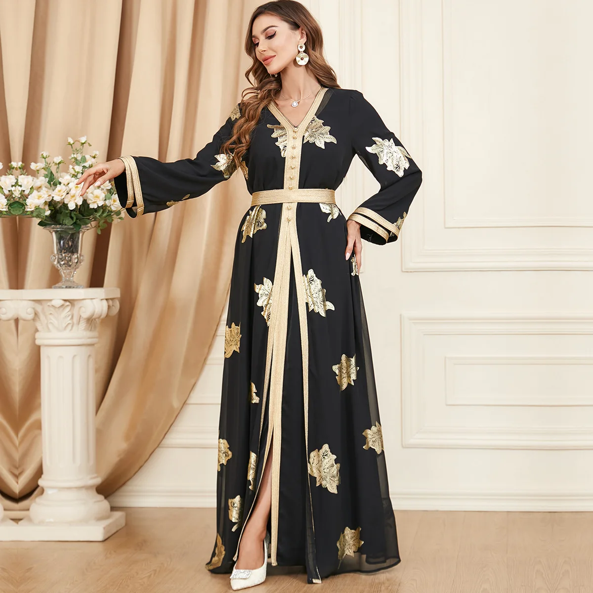 Elegant Casual Chiffon Turkish Abayas for Women Muslim 2 Pieces Set Gold Stamping Full Sleeve Belted Kaftan Gorgeous Party Style
