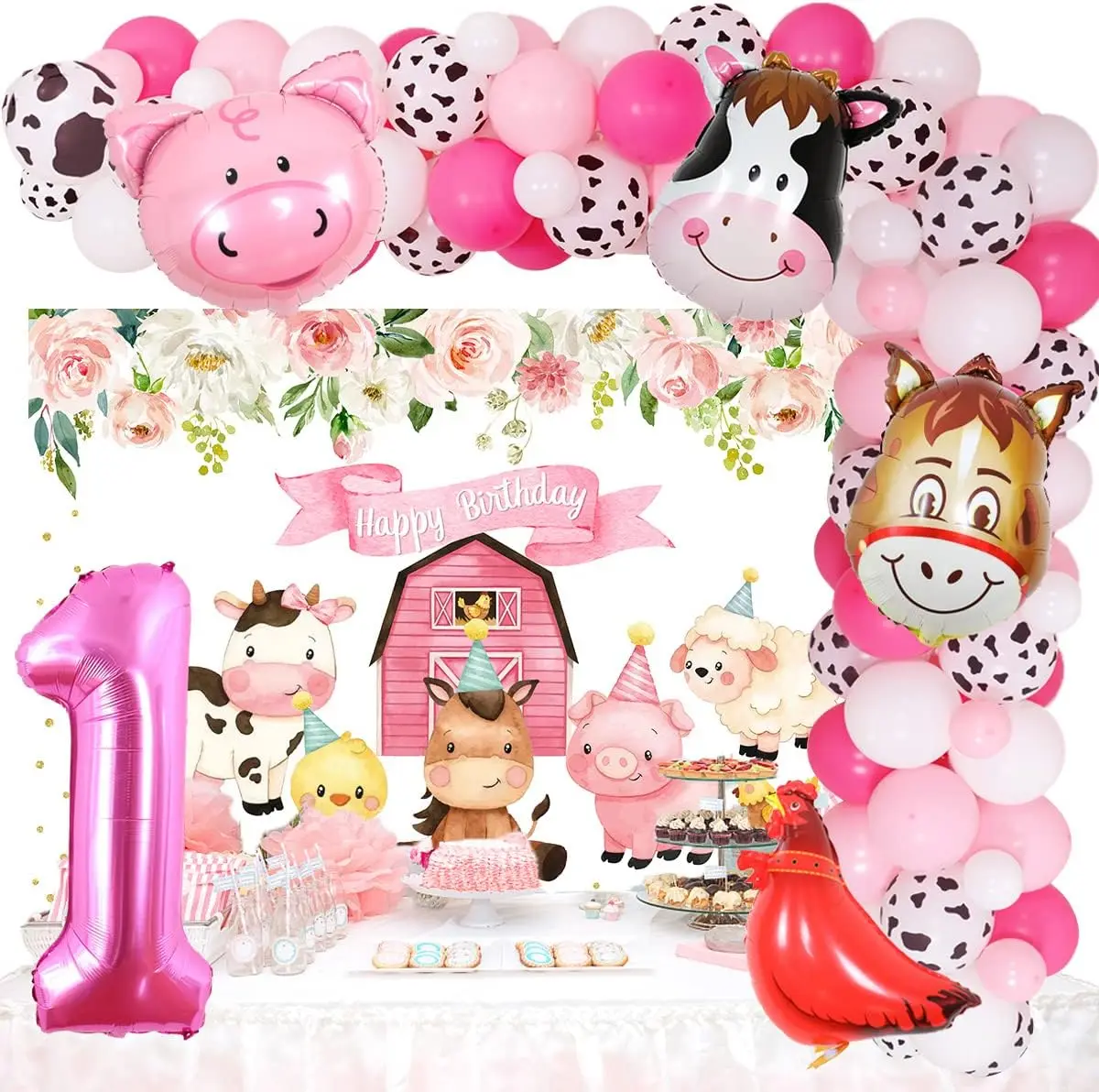 

Farm Animals Theme Balloons for Girl, 1st Birthday Decorations, Pink Barnyard Balloon, Garland, Farm Barn Animals Backdrop