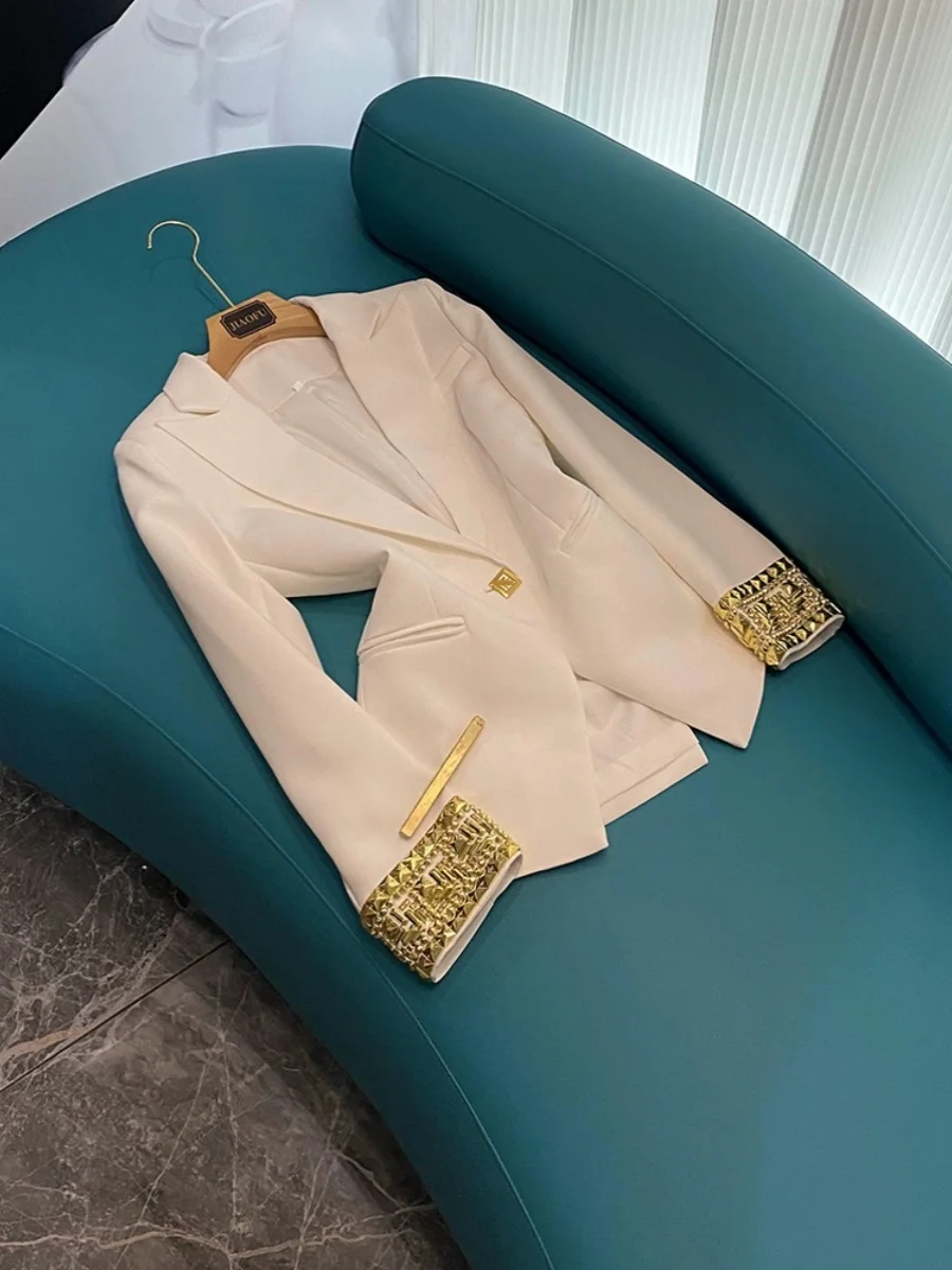 

Casual Designed Rivet Cuff Single Button Lady Office Formal Wear Notched Coat Long Sleeve Women Solid Blazer White