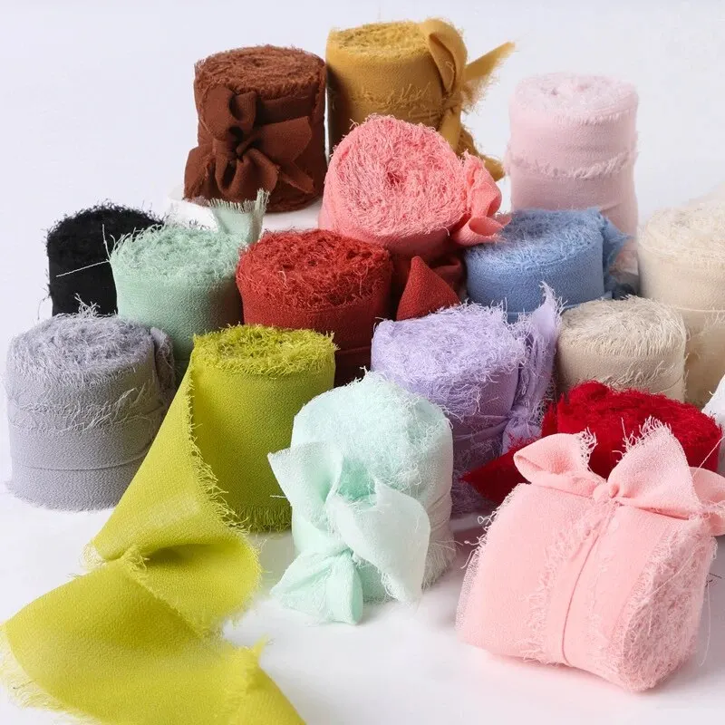Satin Ribbons 4CM*5M Handmade Frayed Edged Silk Ribbon for Wedding Invitation Wrapping Bouquets Birthday Party Decorations Gifts