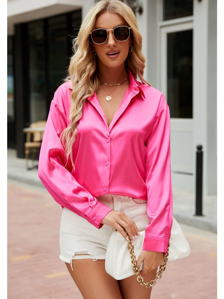 

Satin Commuter Whit Shirts Button Lapel Cardigan Top Lady Loose Long Sleeve Oversized Shirt Womens Blouses Autumn Blusas Mujer