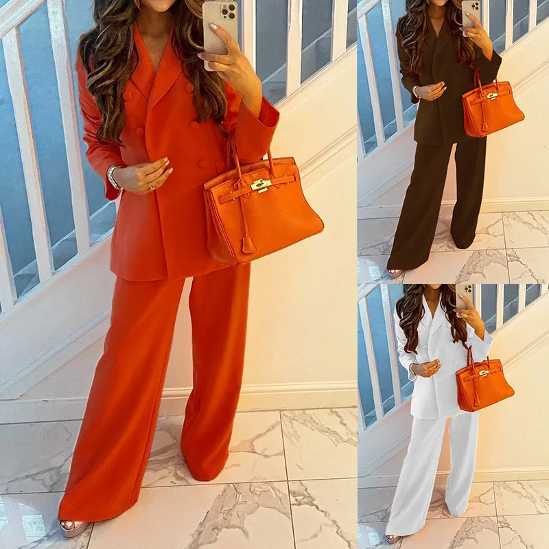 

Women Office Pant Sets Solid Elegant Long Sleeve Button Tops Formal Suits Wide Leg Trousers Blazer Ladies Matching Set