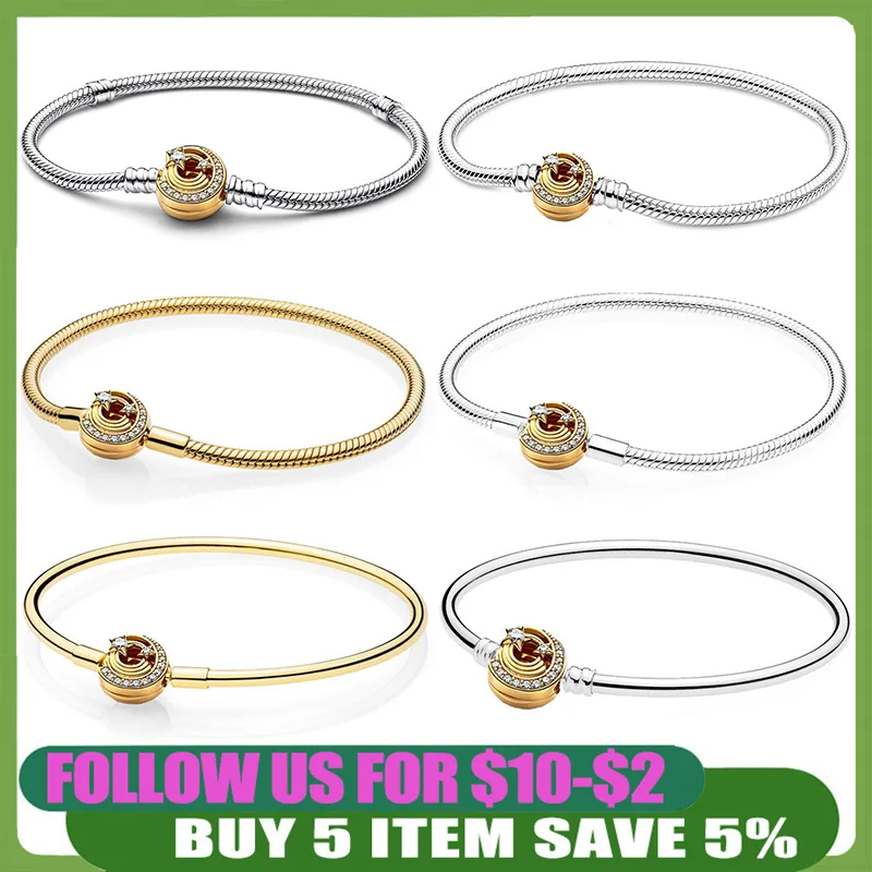 

925 Sterling Silver Bangle Charms Gold Star Meteor Bracelet Clasp Snake Chain Basic Bracelet For Women Diy Jewelry Gift
