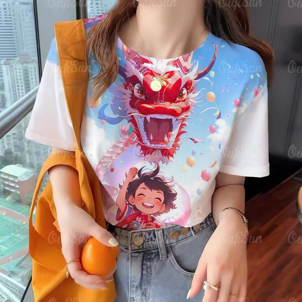 

Футболка с мультяшным изображением Нового года, Модный пуловер с коротким рукавом и 3D принтом, футболки, повседневная одежда, 2024 Год Дракона, удачи