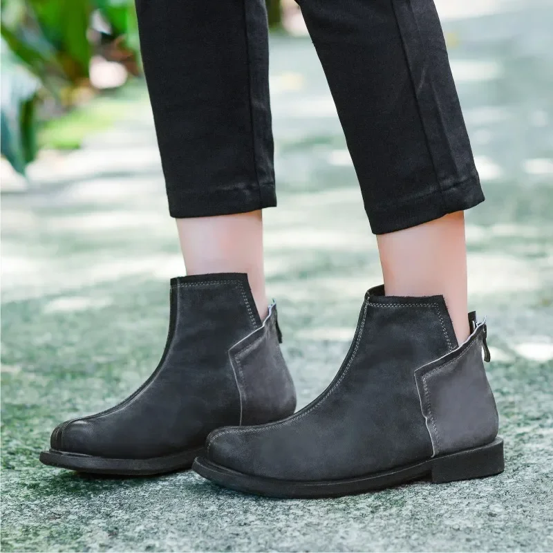 

Birkuir Retro Genuine Leather Short Boots For Women Ankle Boots Mixed Colors Back Zippers Boots Low Heel Retro Ladies Boots