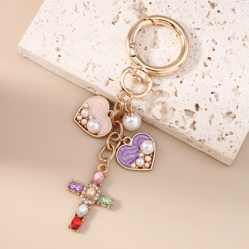 Modischer Herzförmiger Schlüsselanhänger Kristall-Kreuz-Anhänger Schlüsselringe für Frauen Männer Auto-Schlüssel Handtaschen-Anhänger Schlüsselketten DIY Schmuck Geschenke – Detail 6